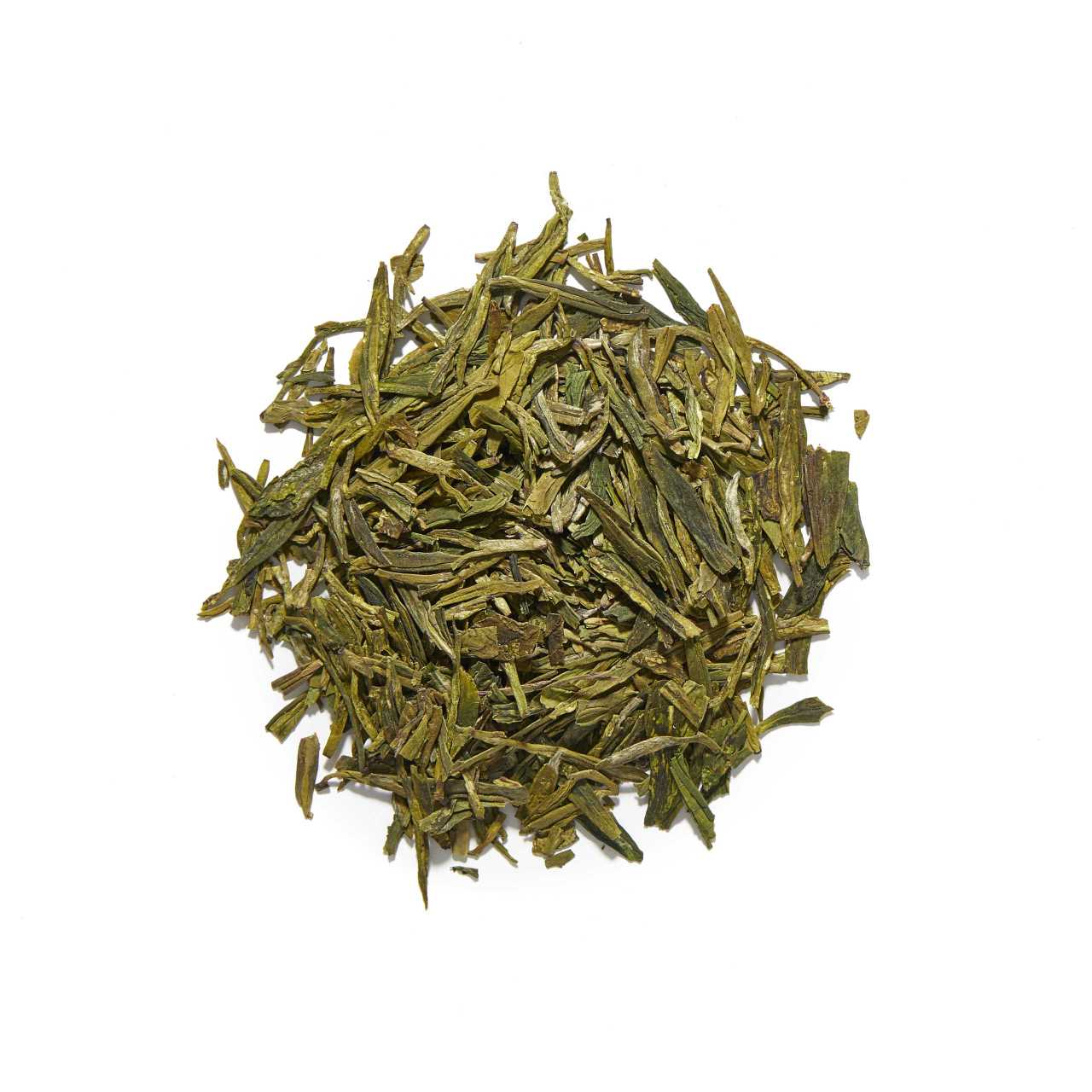 Organic Dragon Well Loose Leaf Tea arranged in a circle