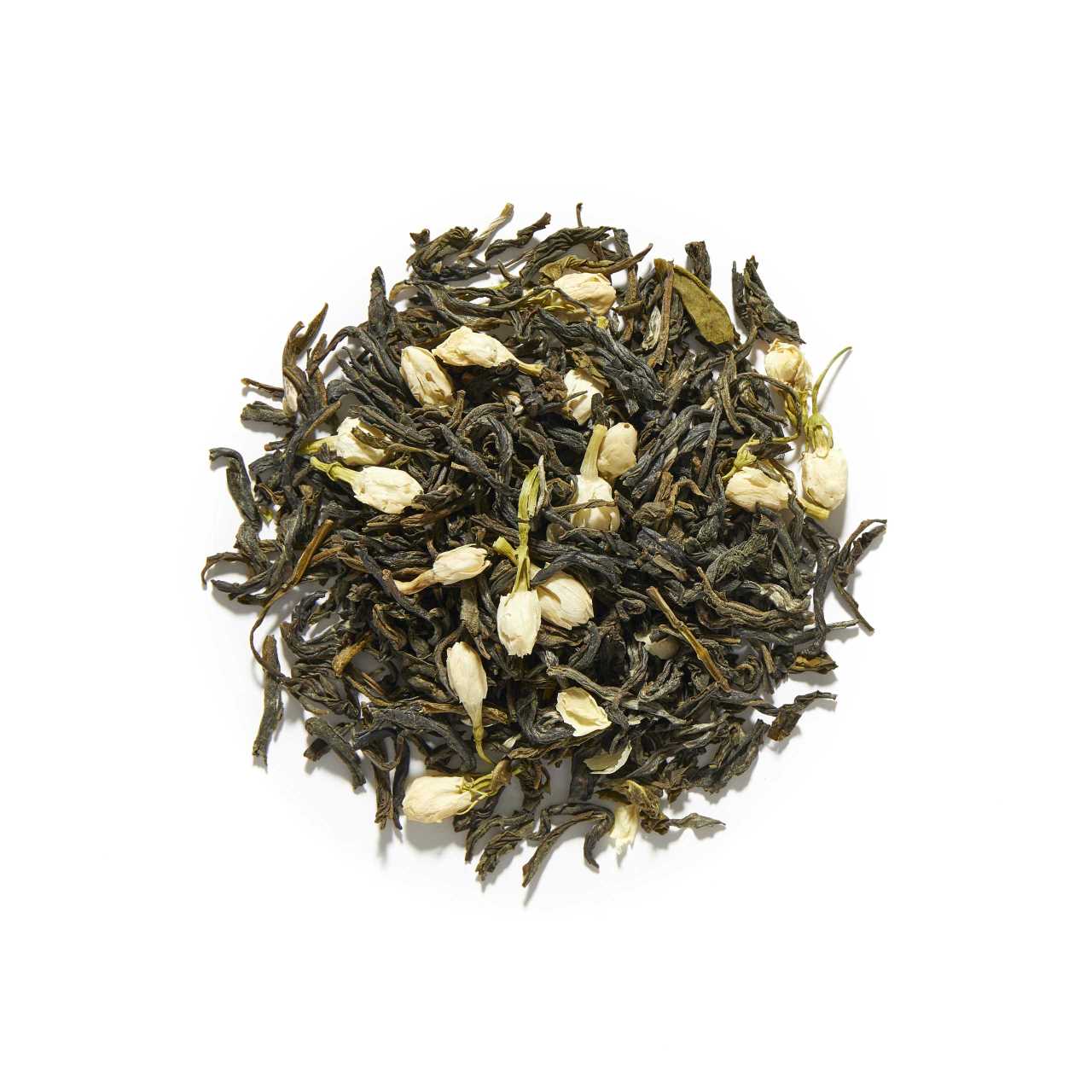 Natural Jasmine Green Loose Leaf Tea arranged in a circle