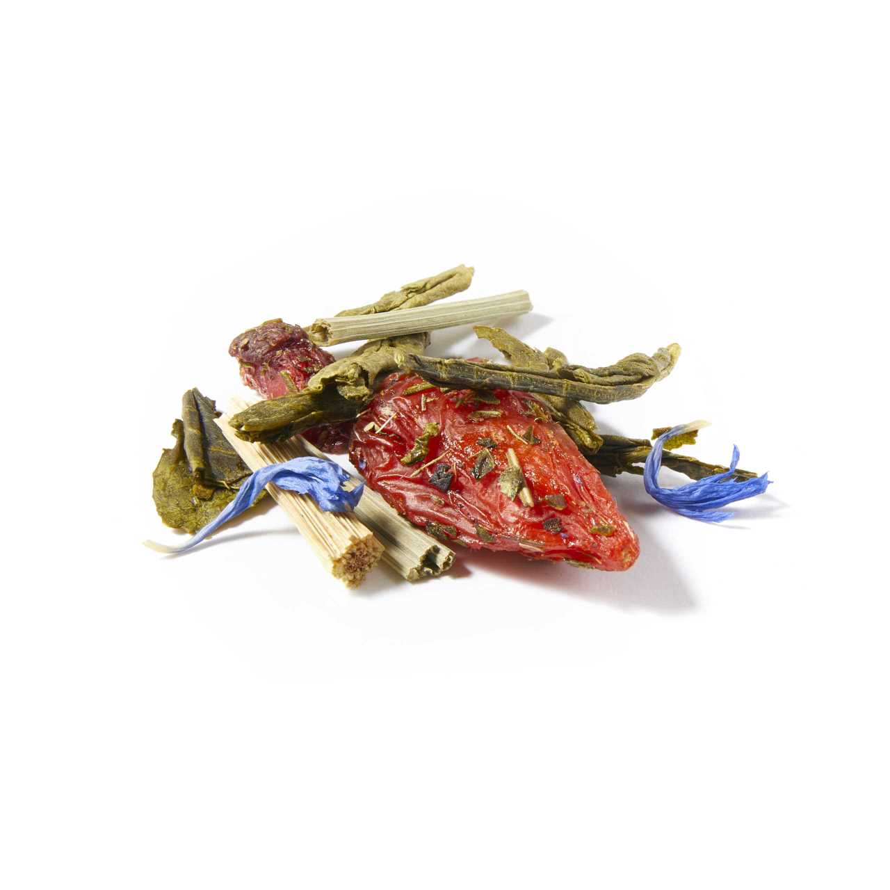 A macro pile of Sencha Goji Berry Loose Leaf Tea